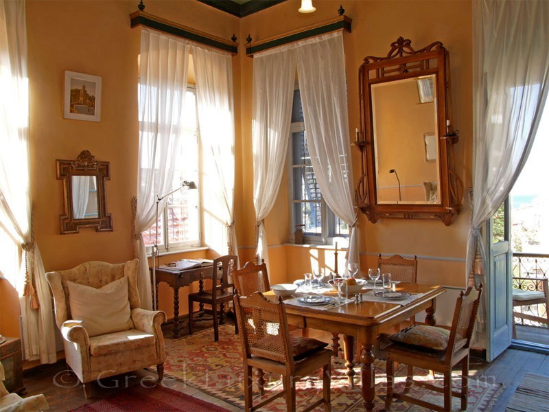 Living room of traditional, neoclassical villa on Symi.
