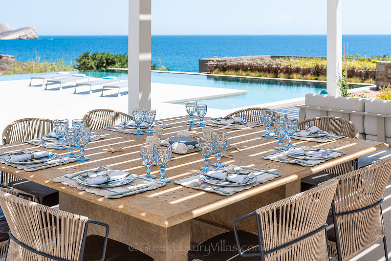 Outdoor Dining with Sea View at Luxury Villa with Pool in Syros