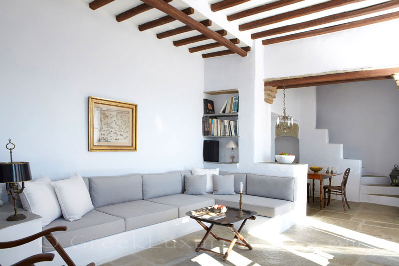 Living room of luxurious traditional house for two on Tinos