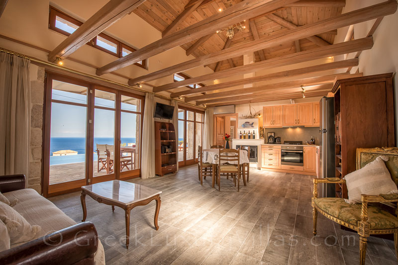 Open plan lounge at a villa with a pool in Zakynthos